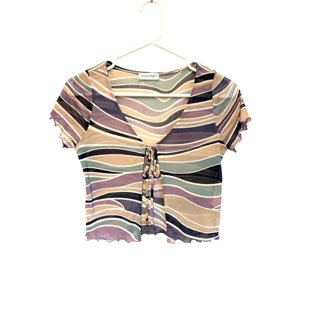 Popular 21 Sheer Tie Front Crop Top Short Sleeve Purple Geometric Small Indie